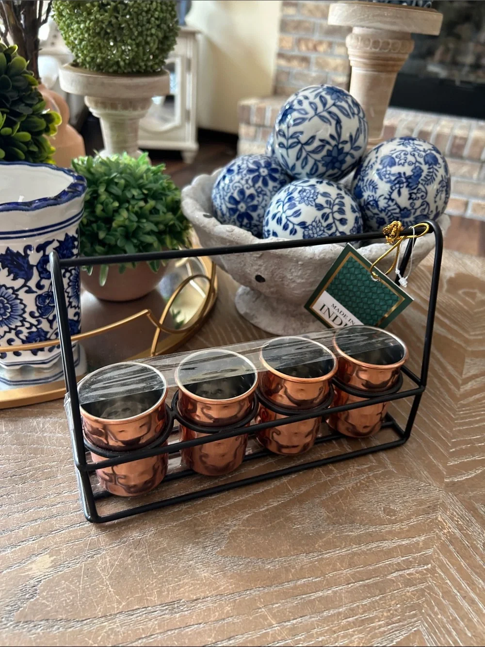 NWT! 5 Piece Bar Set Copper Shot Glass Set with Black Metal Rack